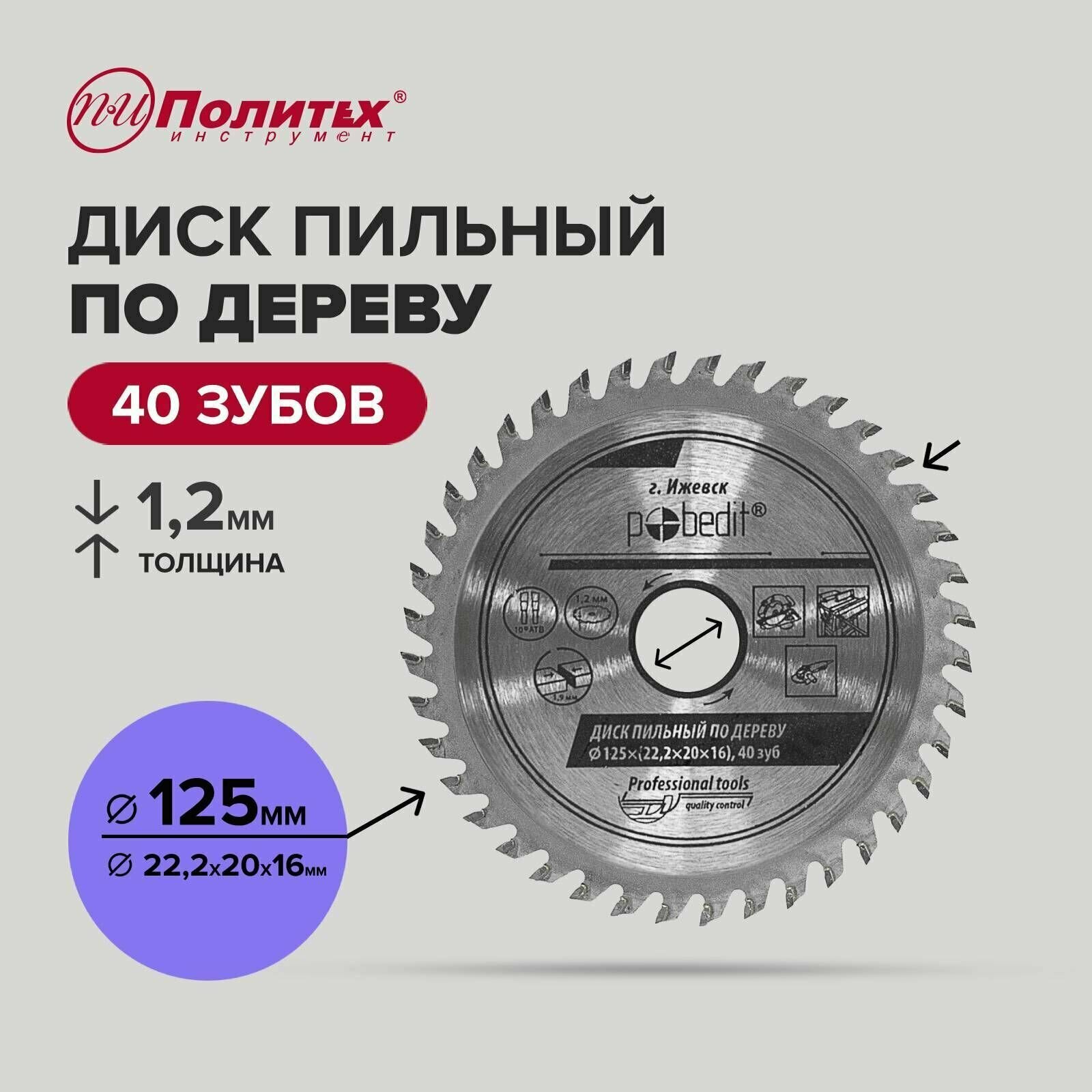 Диск пильный по дереву 125 мм 40 зубьев Политех Инструмент