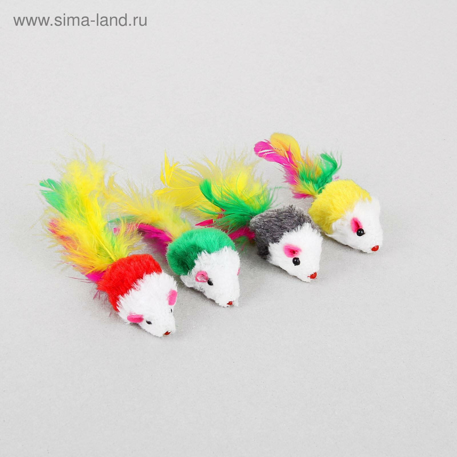 Игрушка для кошек "Малая мышь" с перьями, 5 см, микс цветов - фотография № 2