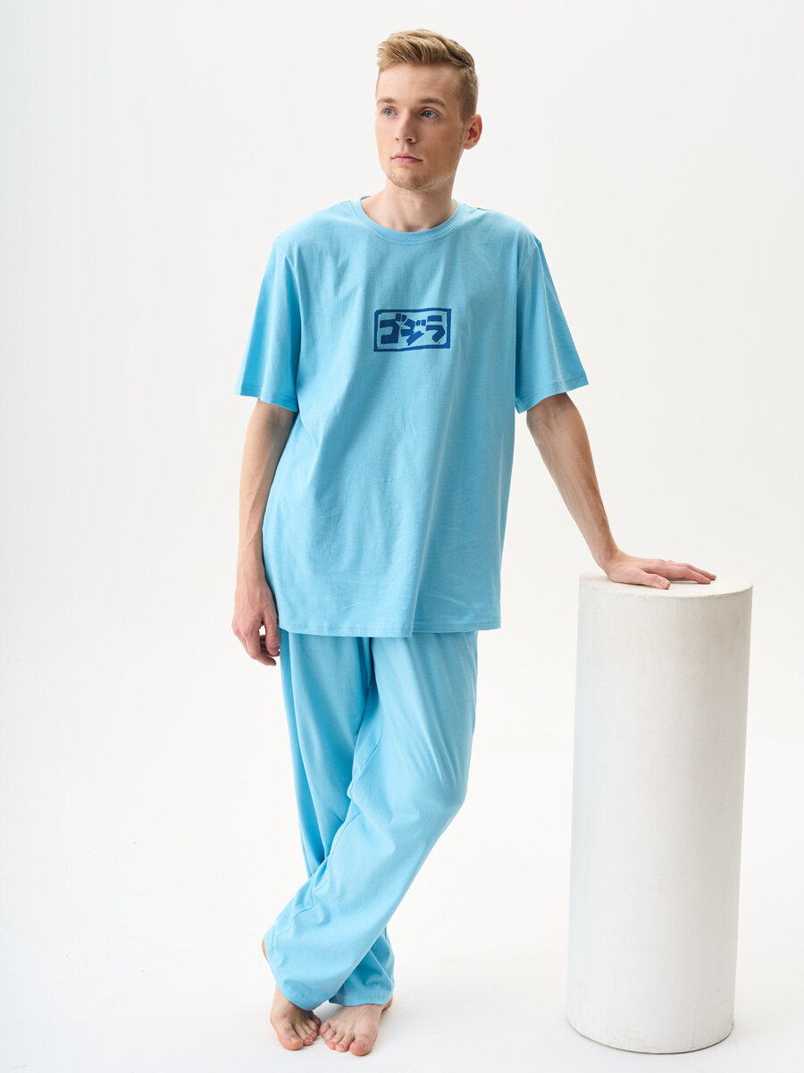 300036 Пижама мужская (Футболка и брюки) CatFit голубая размер 52 - фотография № 4