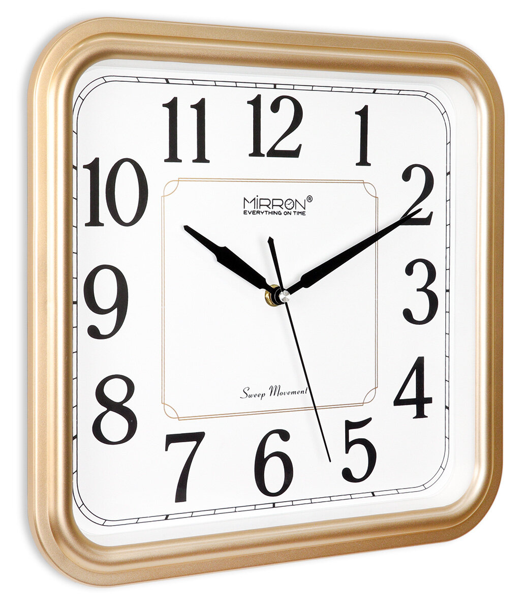 Настенные кварцевые часы MIRRON P2567A ЗБ/Большие квадратные часы/Белый (светлый) циферблат/Золотой цвет корпуса/Часы в подарок/Бесшумные кварцевые часы