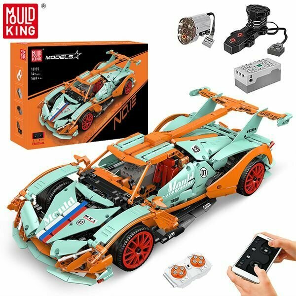 Конструктор Mould King 13155 Гоночный автомобиль MOC Apollo IE Super Racing Car, 1669 дет., с ДУ, салатовый/оранжевый 