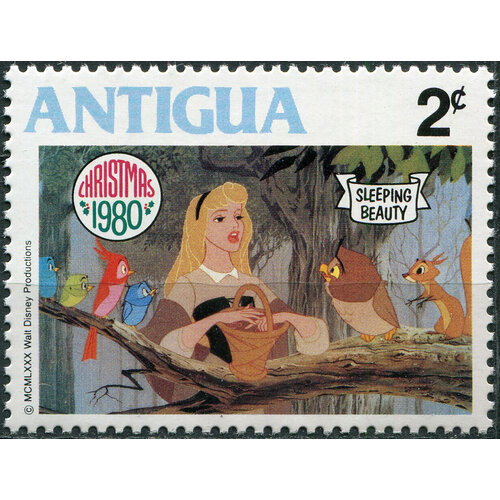 антигуа 1980 дисней спящая красавица Антигуа и Барбуда 1980. Спящая красавица с лесными животными (MNH OG) Почтовая марка