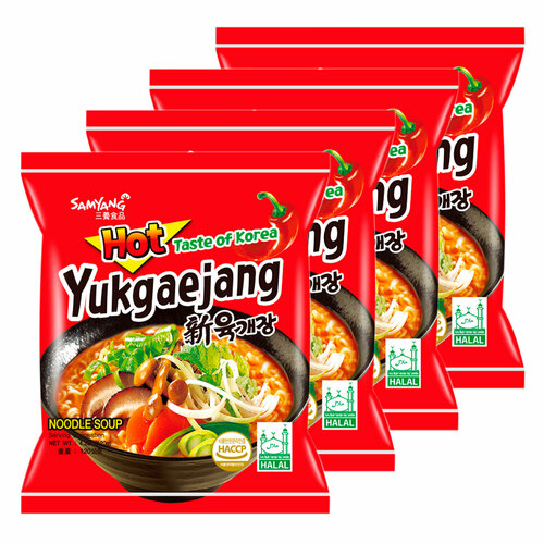 Лапша быстрого приготовления Юкеджанг острая со вкусом говядины Samyang, пачка 120 г х 4 шт