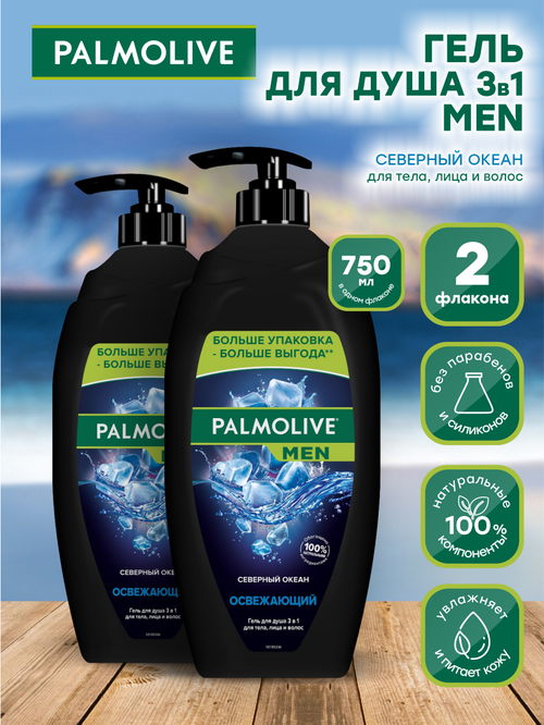 Мужской гель для душа Palmolive MEN Ледяная Арктика 3в1 Северный Океан 750 мл. х 2 шт.