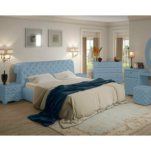 Двуспальная кровать 120x200, Juliet, с мягким изголовьем, с ящиком, велюр, синий