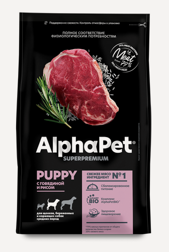 Изображение товара ALPHAPET SUPERPREMIUM Сухой корм для щенков и беременных собак средних пород с Говядиной и Рисом