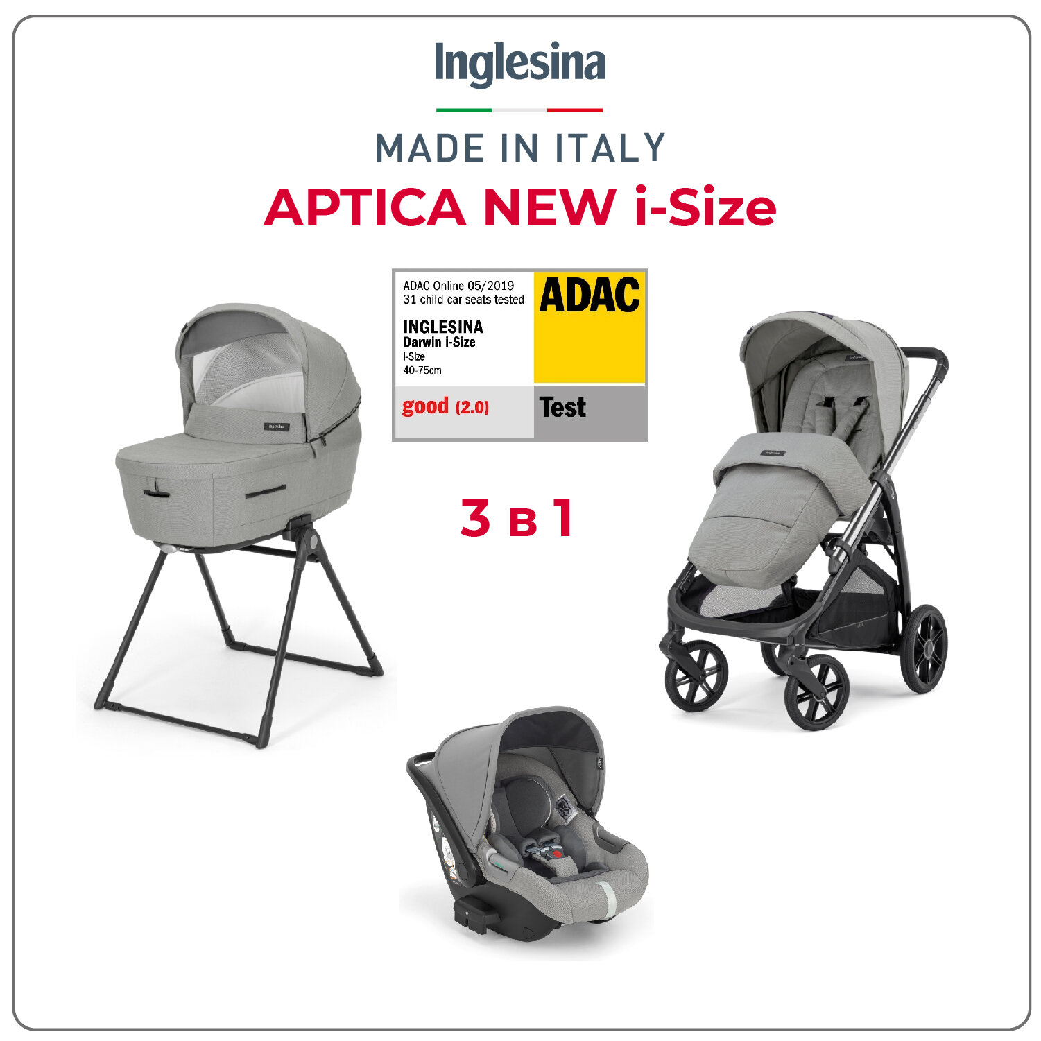 Коляска 3 в 1 i-Size Inglesina Aptica New с подставкой под люльку Standup, Satin Grey