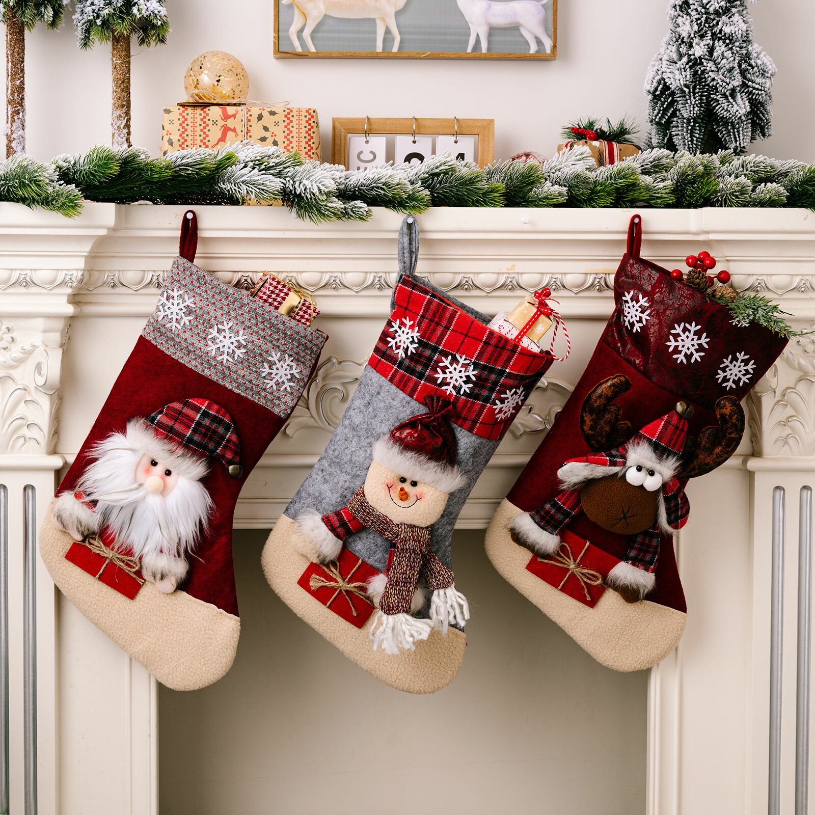 Большие новогодние носки для подарков 3 штуки снеговик, дед мороз, лосёнок.