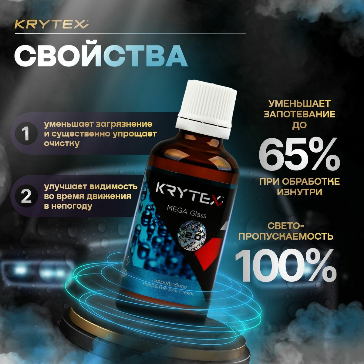 Гидрофобное покрытие антидождь для стекл KRYTEX MEGA GLASS 20 (Z) 50 мл