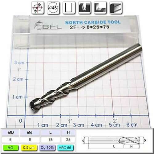 Фреза концевая для алюминия, магния, двухзаходная (2зуба), спиральная 45°, прямоугольная, торец DØ6мм, хвостовик L75мм Ød6мм, твердость HRC55