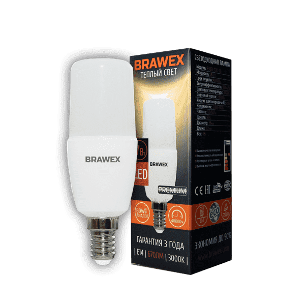 Лампа светодиодная LED T7 7W E14 220V 3000K Brawex