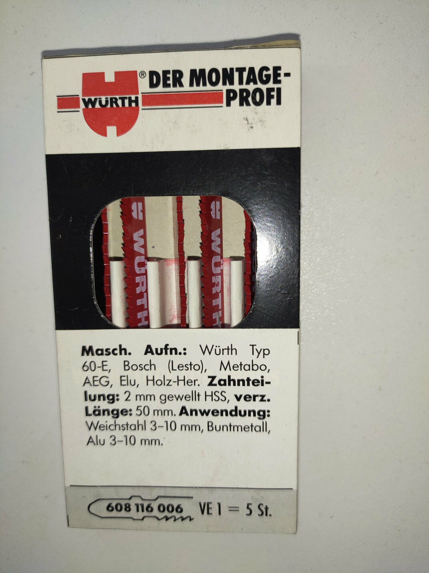 фото Пилки для лобзика WURTH 608 116 006 5 шт. Германия тип реза чистый по мягкая сталь до 6мм, цветной металл до 10мм.