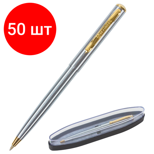 Комплект 50 шт, Ручка подарочная шариковая BRAUBERG Maestro, синяя, корпус серебристый с золотистым, линия письма 0.5 мм, 143468