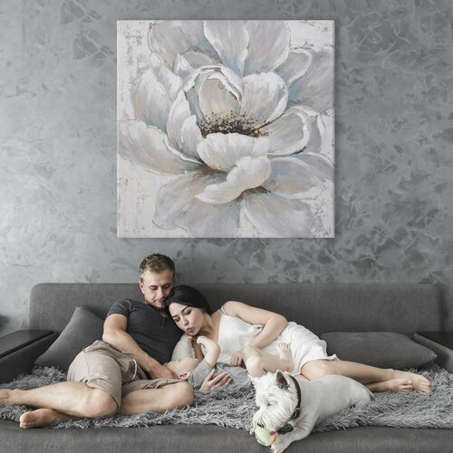 Квадратная картина на холсте для интерьера - Белый нежный пион, серебро 60х60 см