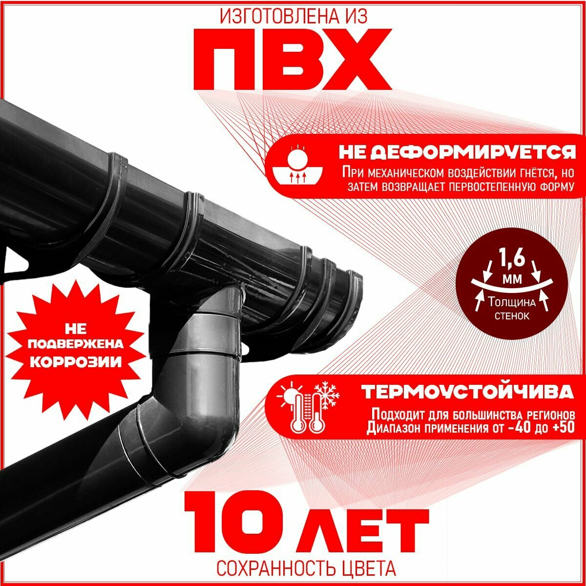 Изображение Комплект элементов водостока Grand Line на 7 м карниза по 1 метру (120мм/90мм) черный, водосточная система для крыши пластик Гранд Лайн ( RAL 9005 черный янтарь ) комплект ПВХ