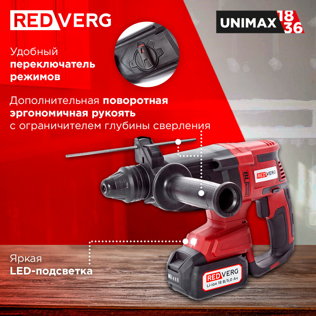 Перфораторы Аккумуляторные Перфоратор аккумуляторный REDVERG RD-RH18-24BLK/U с аккумулятором и ЗУ