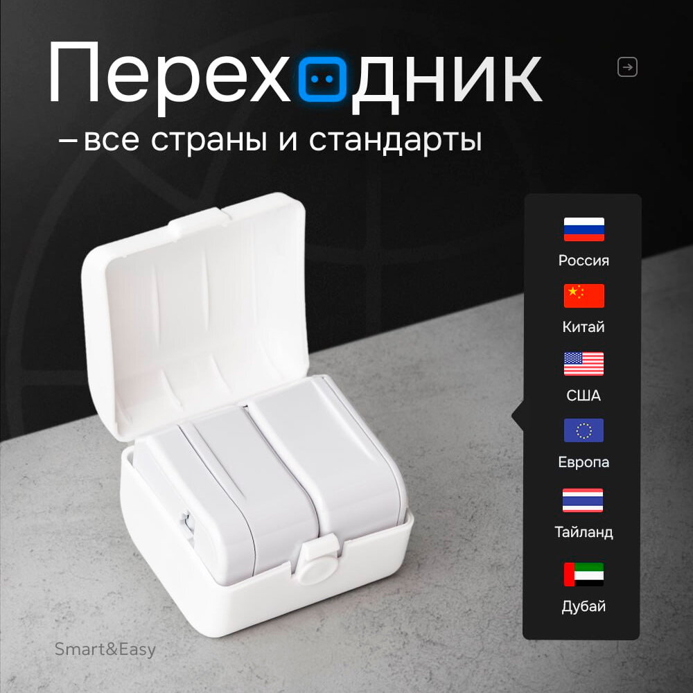 Универсальный переходник для розеток всех типов / Сетевой адаптер для путешествий / EU/US/UK/RU (A C G I) P2, 10 А, Белый