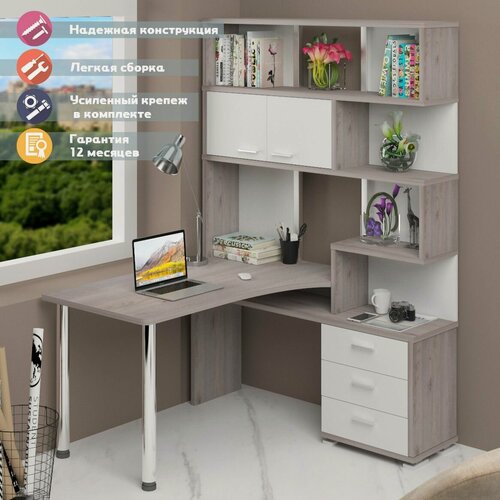 Изображение товара Стол компьютерный Мэрдэс СР-420/130 нбен-прав Нельсон/Белый/Нельсон, угловой, с ящиками, с полками, 130 х 130 х 199 см