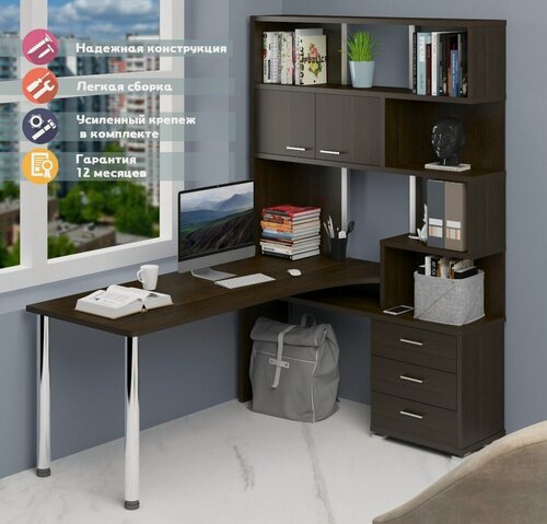 Изображение товара Стол компьютерный Мэрдэс СР-420/170 в-прав Венге, угловой, с полками, с ящиками, 130х170х199 см