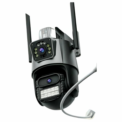 Уличная камера видеонаблюдения с двумя объективами 2 камеры с мигалкой и сиреной Wi-Fi PTZ 4K 8MP 3049₽