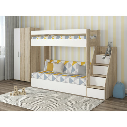 Кровать двухъярусная с диваном и лестницей-комодом Есэндвич new Лаворо, 248х87х174 см (Белый/Серенити/Savana Plus Ivory)