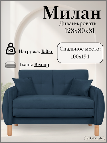 Изображение товара Диван-кровать милан, 128*80*81, спальное 100*194, велюр синий, Велутто 26