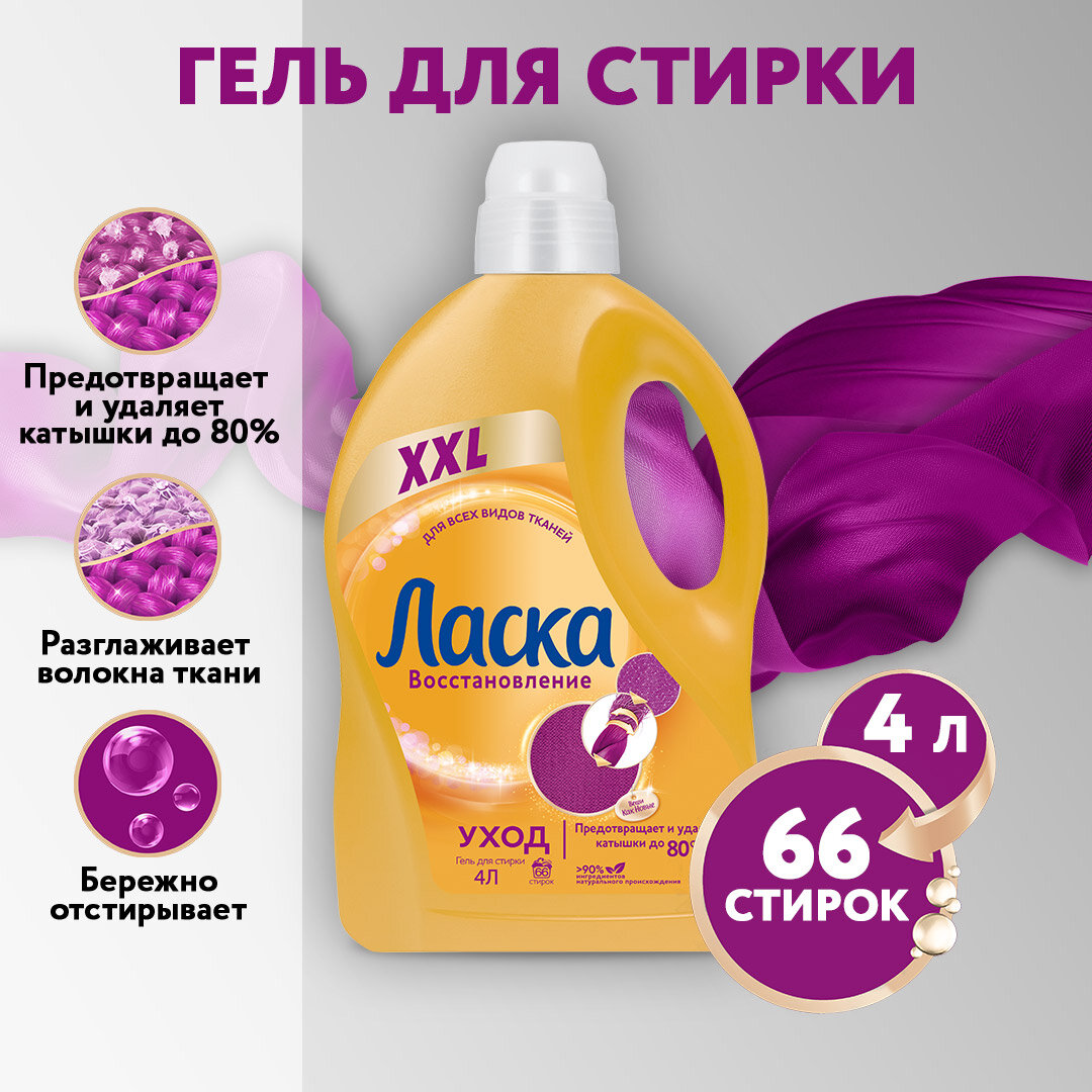 Гель для стирки Ласка Care & Repair, жидкое средство для стирки, 4 л, бутылка — купить в интернет-магазине по низкой цене на Яндекс Маркете