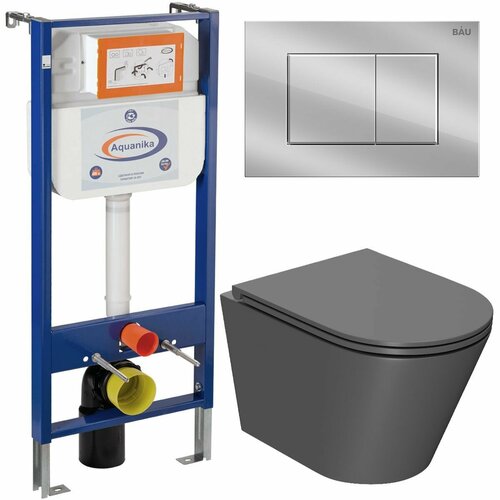 Комплект BAU 6 в 1: инсталляция BAU Aquanika, унитаз безободковый Bau Nimb темно-серый, сиденье микролифт, прямоугольная хромированная клавиша