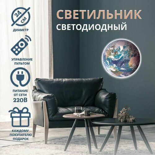 Светильник настенный светодиодный бра Земля 24*24 см, питание от сети, 1 шт.