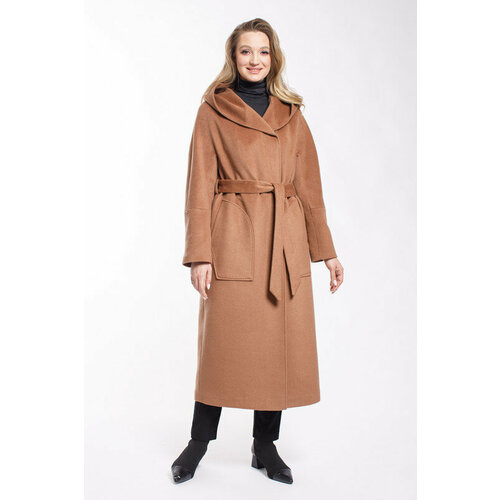 Пальто  демисезонное, шерсть, силуэт прямой, удлиненное, размер 42, бежевый