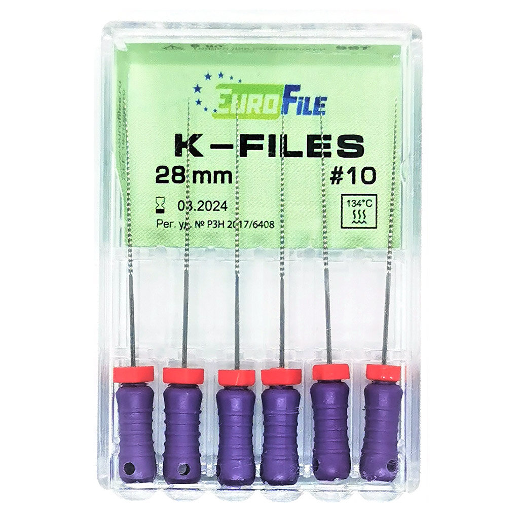 K-Files - ручные стальные файлы, 28 мм, N 10, 6 шт/упак