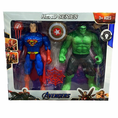 Набор из 2 супергероев с аксессуарами - халк и супермен с световыми эффектами