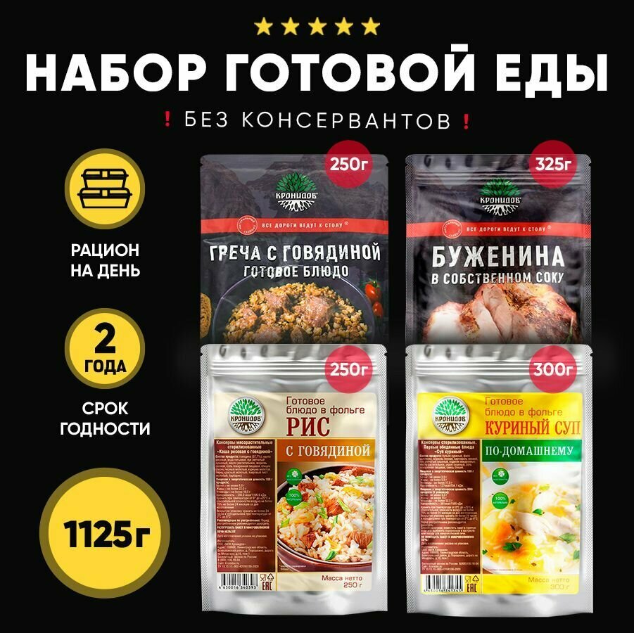 Набор из 4 готовых блюд в фольге от ТМ "Кронидов" Буженина в собственном соку, Рис с говядиной, Греча с говядиной, Суп куриный. Консервированные блюда