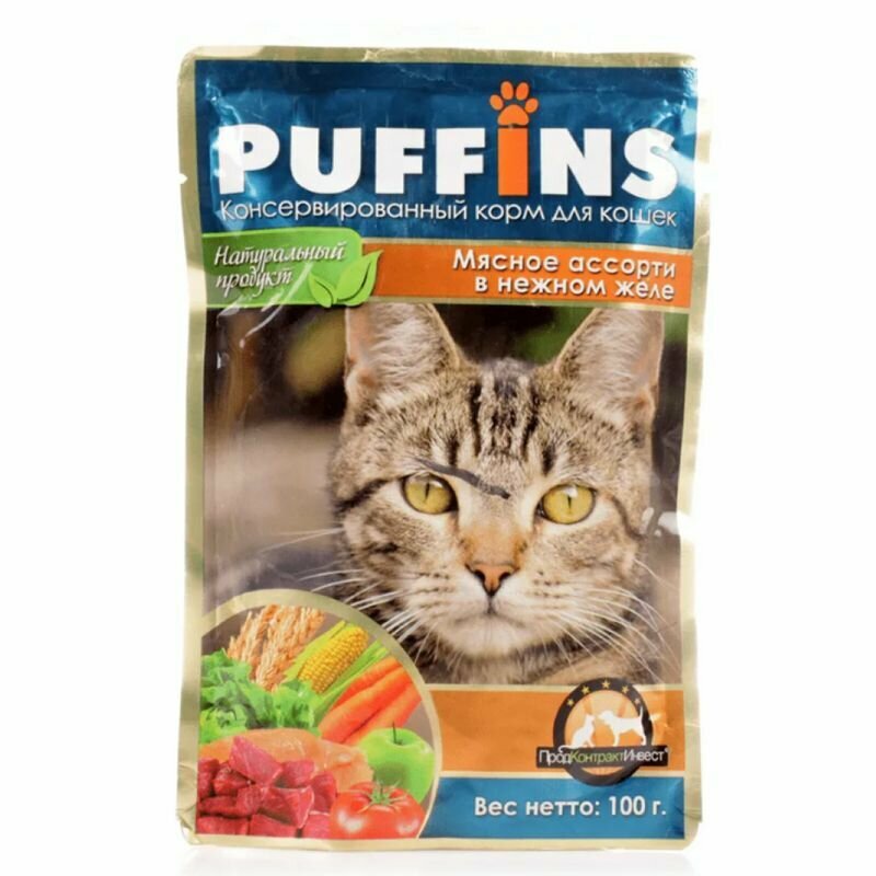 Puffins корм консервированный для кошек в желе Мясное ассорти кусочки, 100 г, 12 штук