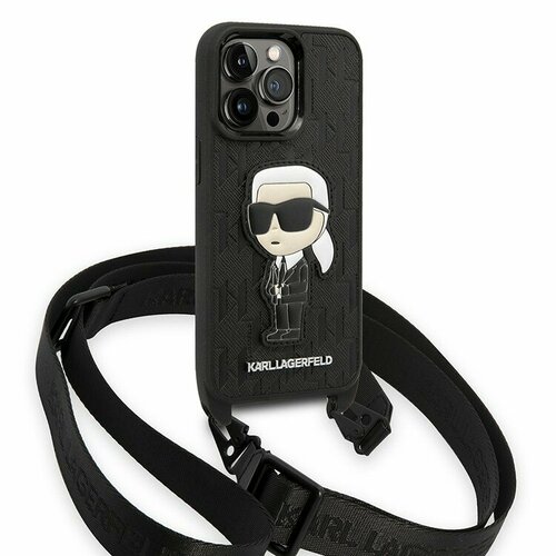 Karl Lagerfeld для iPhone 15 Pro чехол Crossbody PU Monogram NFT Karl Ikonik with Strap Hard Black черный