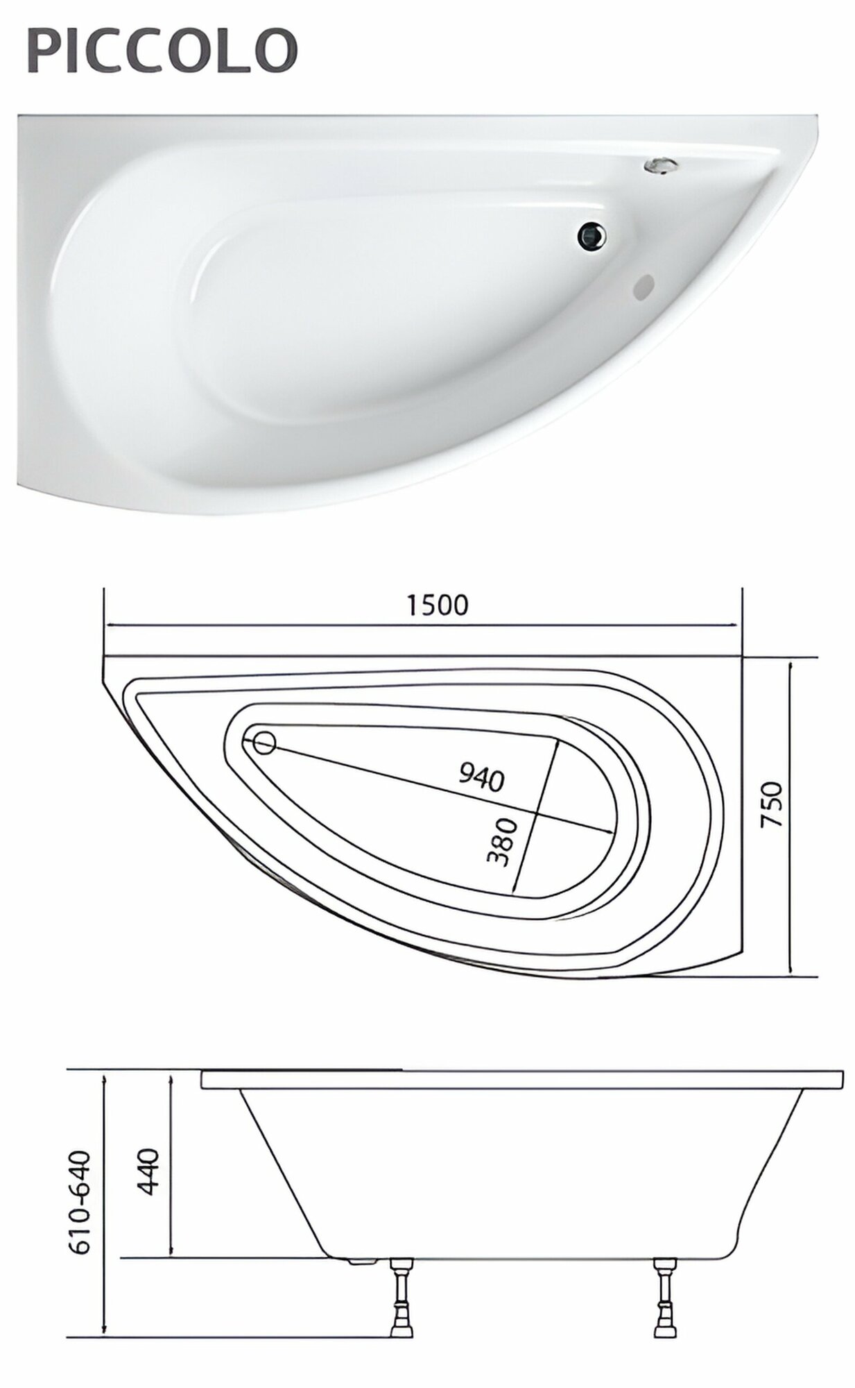 Акриловая ванна 1Marka PICCOLO 150x75 см Асимметричная Белая Правая 01пк1770п