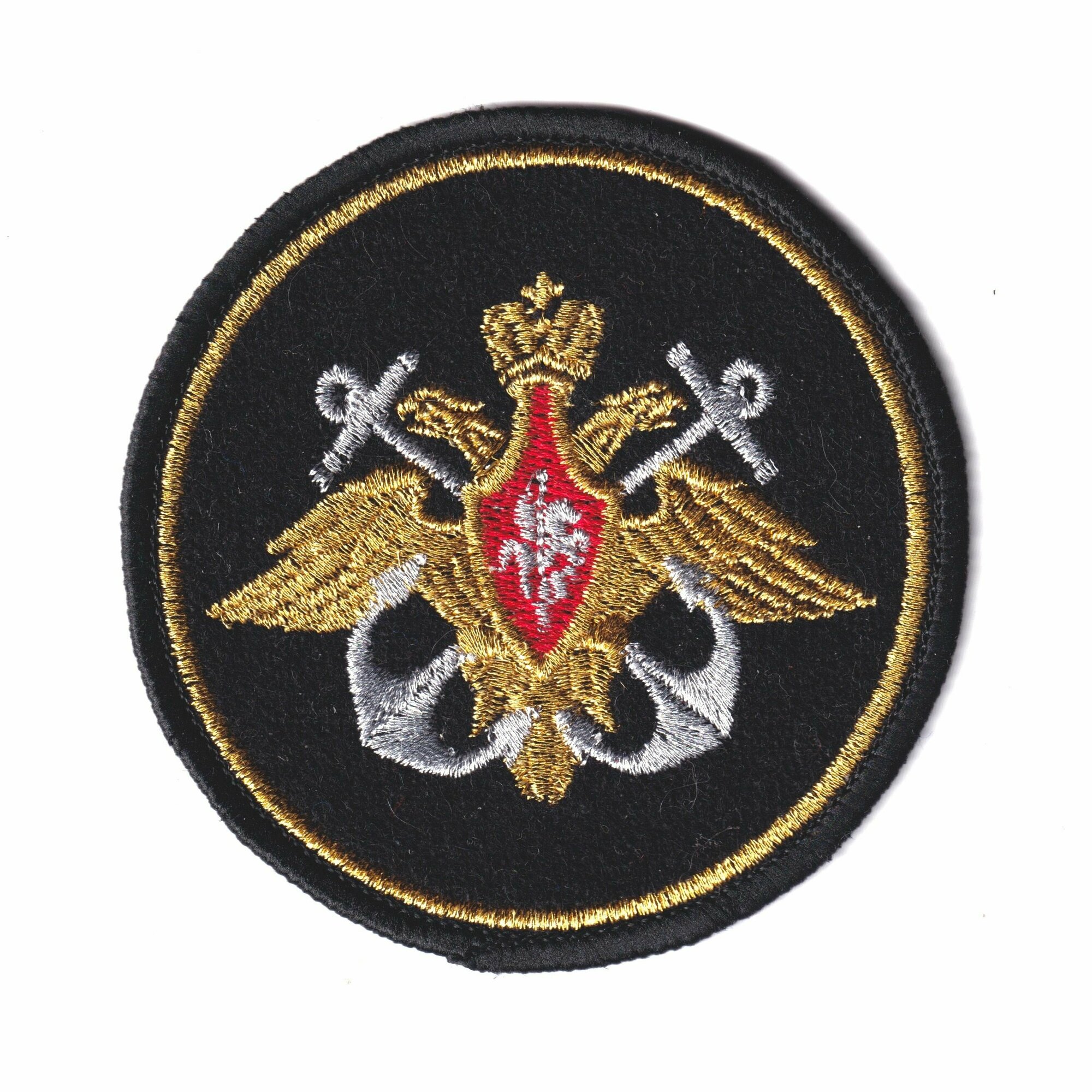 Нашивка (Шеврон) Круглая Орёл ВМФ Серебряный Якорь (обр. 2000-х) Золотая Вышивка (Черный / Пришивной)