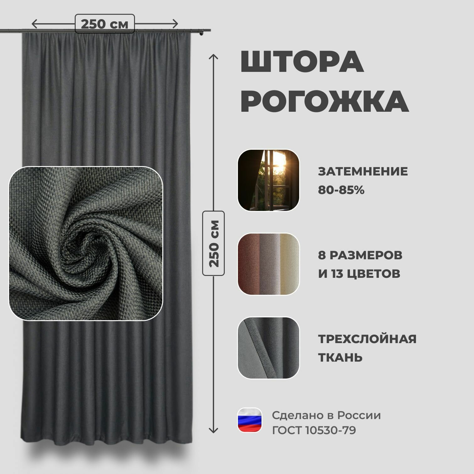 Штора для комнаты 250x250 см Блэкаут рогожка Shtoraland на ленте для крючков, одна портьера для гостиной, спальни, детской. Темно-серый цвет (графитовый)
