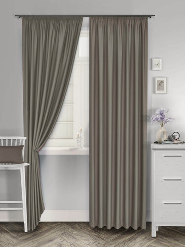 Изображение товара Комплект штор для комнаты Блэкаут однотонный матовый Shtoraland на ленте для крючков, две портьеры. Общий размер 400x270, серо-бежевый цвет
