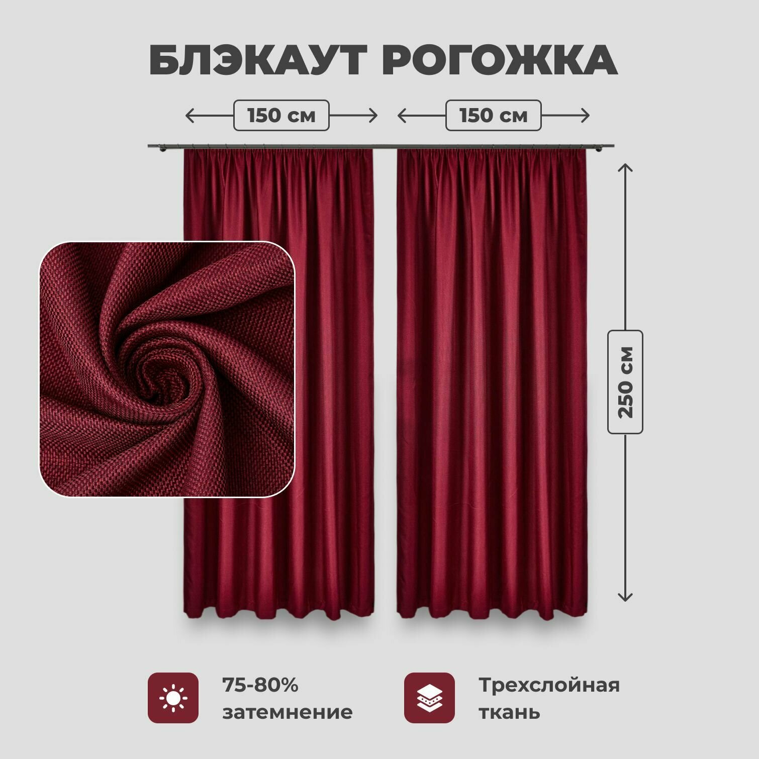 Комплект штор для комнаты блэкаут рогожка две портьеры общей шириной 300 см и высотой 250 см бордовый цвет