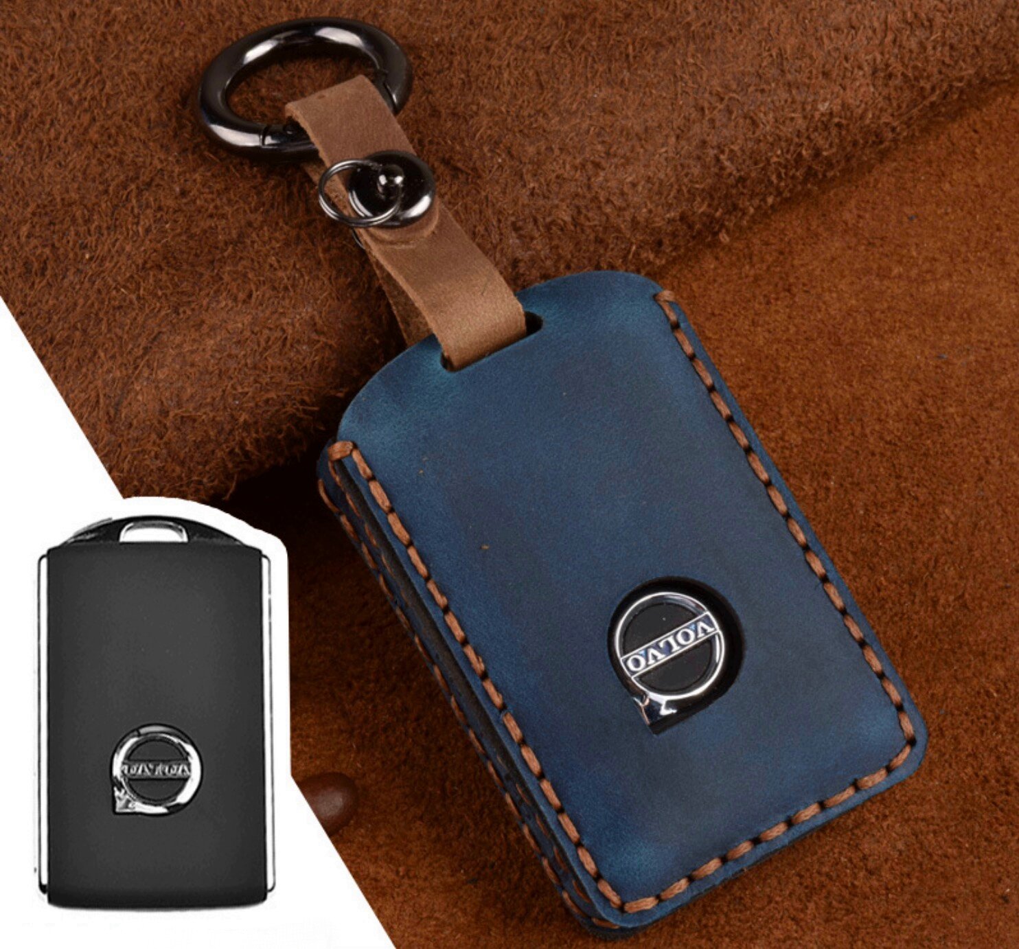 Защитный синий кожаный чехол футляр брелок для автомобильного ключа с вырезом под логотип Вольво Volvo Recharge C40 XC90 хс60 70 S90 80 V90 Cross C