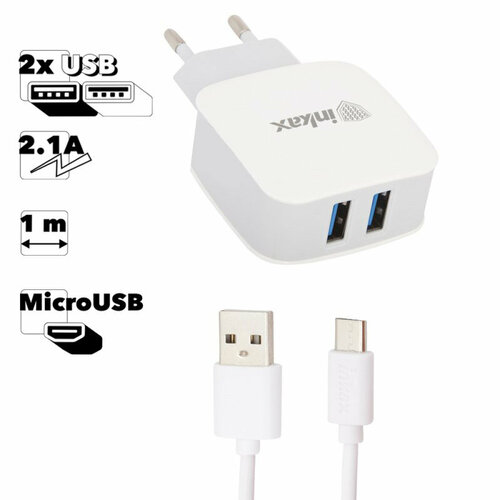 Блок питания (сетевой адаптер) inkax CD-28 Nice Trip 2xUSB 2.1А с кабелем MicroUSB 1м (белый)