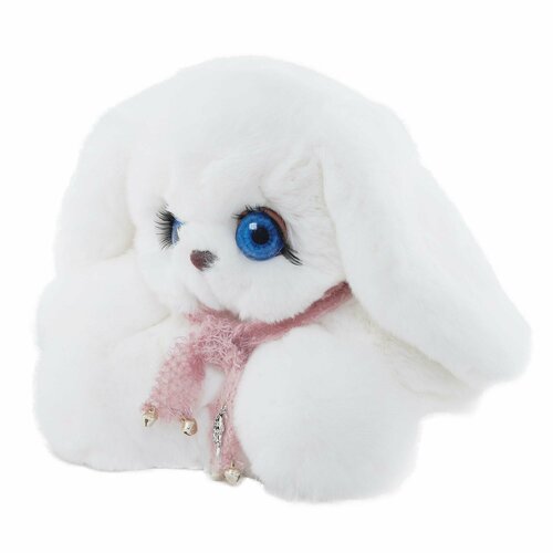 Мягкая игрушка заяц с длинными ушами из натурального меха кролика рекс Боня белый с шарфиком