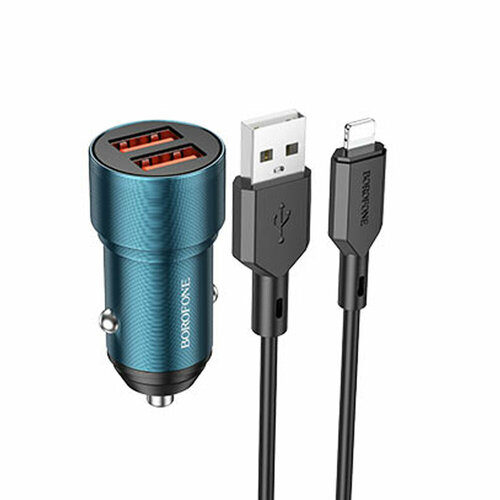 Блок питания автомобильный 2 USB Borofone BZ19, Wisdom, 12Вт, кабель 8 pin, цвет: синий