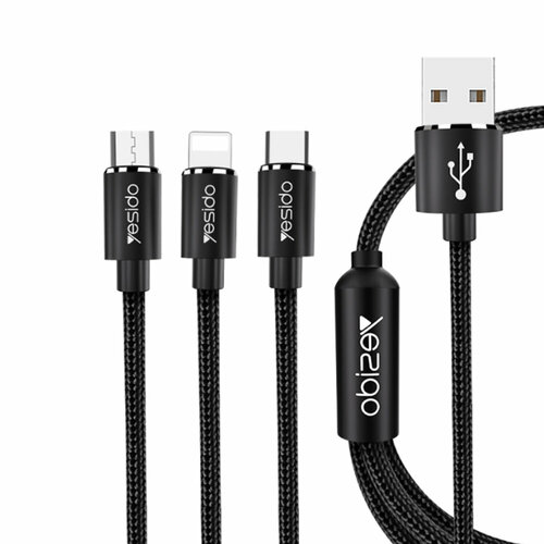 Кабель USB 2.0 - 8 pin, микро USB, Type-C Yesido CA-60, 1.2м, 3.0A, цвет: чёрный