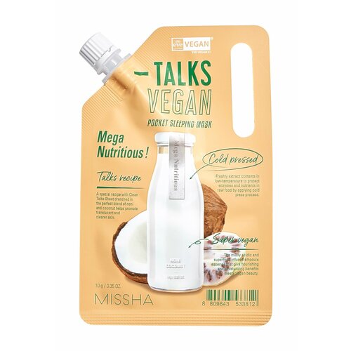 Ночная питательная маска для лица с экстрактами нони и кокоса Missha Talks Vegan Squeeze Pocket Sleeping Mask Mega Nutritious 10 млгр 754₽
