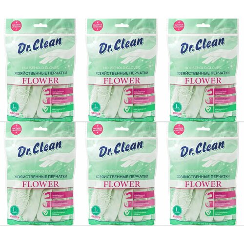 DR.CLEAN Перчатки хозяйственные поливиниловые FLOWER размер L - 6 штук