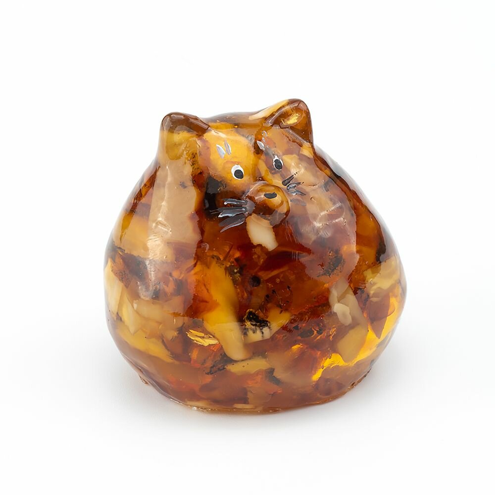 Крупная сувенирная фигурка с натуральным янтарем "Пузатый кот"