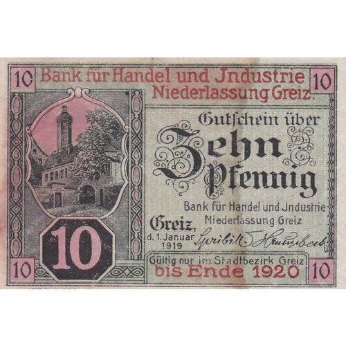 Германия (Германская Империя) Грайц 10 пфеннигов 1919 г. германия германская империя динслакен 10 пфеннигов 1919 г