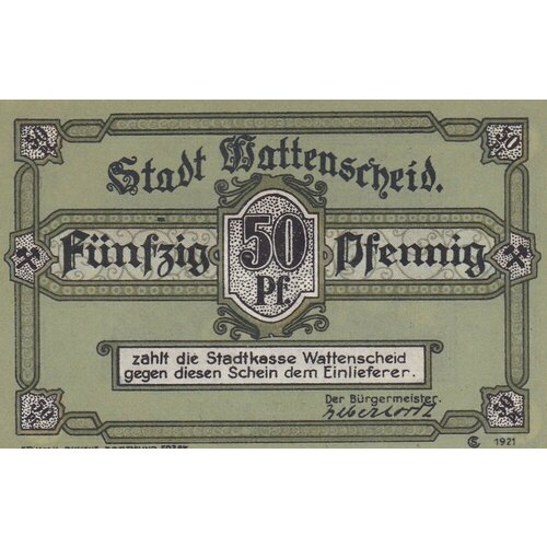 Германия (Веймарская Республика) Ваттеншайд 50 пфеннигов 1921 г. германия веймарская республика крёльпа 50 пфеннигов 1921 г